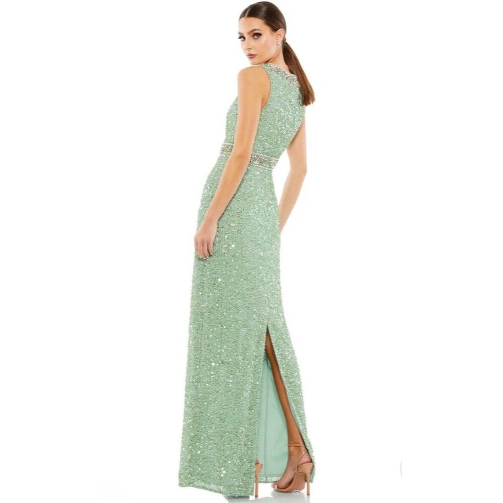 Mac Duggal Dress Gown Size 4/6 Mint Green Sequined Rhinestones Embellished - Picture 2 of 16
